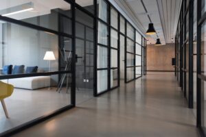 an office with glass partitioning